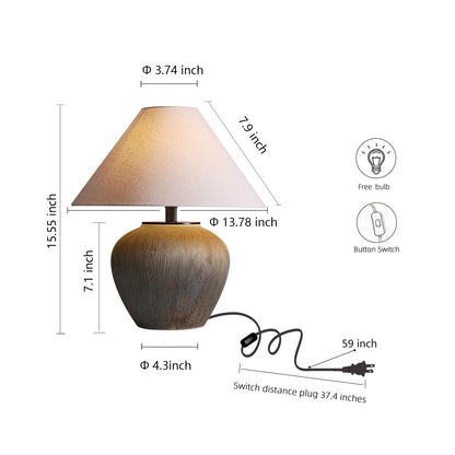 Rustic Earthenware Table Lamp with Vertical Texture, Linen Shade & Bulb Included — Modern Farmhouse Accent Light for Living Room or Bedroom