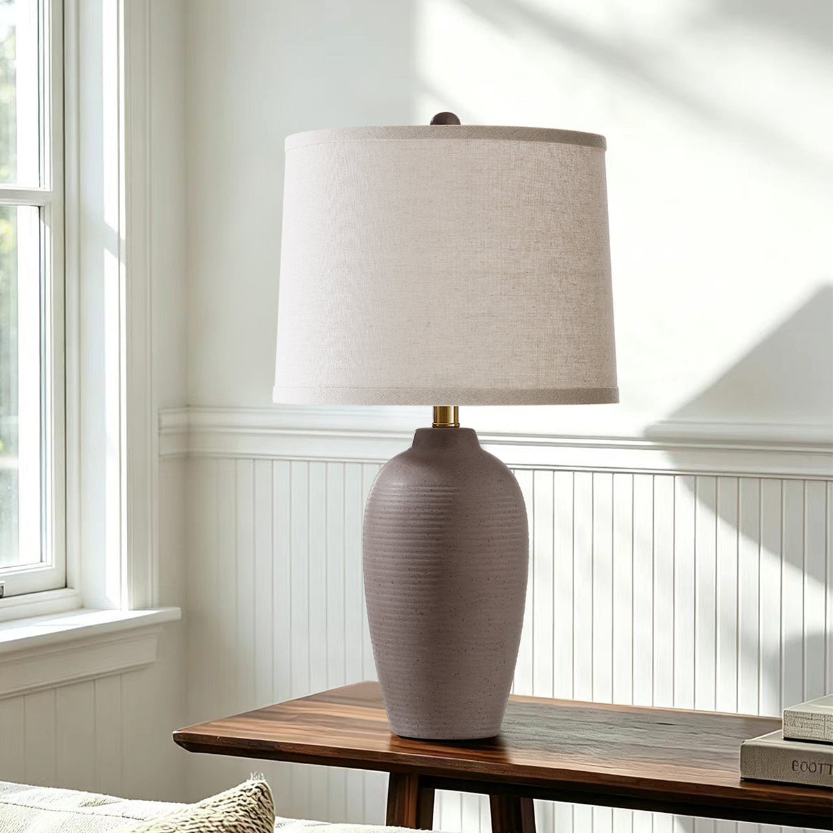 RORIA 25" Grey Textured Ceramic Table Lamps Set of 2,with Linen Drum Shade, Farmhouse Bedside Lamps for Living Room Bedroom, Bulbs Included