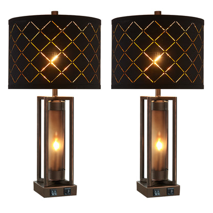 2Pc Dover Castle Table Lamps w. Night Light & USB, Bronze Metal+Glass, Black Grid Lampshade