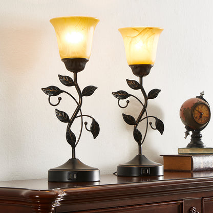 2Pc Forever Rose Table Lamps w. USB, Bronze Metal, Glass Lampshade