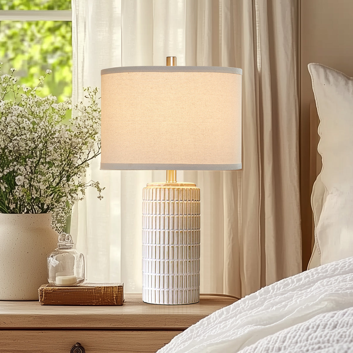 RORIA 23” White Ceramic Table Lamps Set of 2, Modern Style Bedside Lamps,for Bedrooms, Living Rooms, and Offices