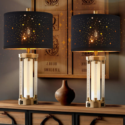 2Pc Fusion Crystal Table Lamps w. Night Light & USB, Nickel Metal+Acrylic, Black Starry Lampshade