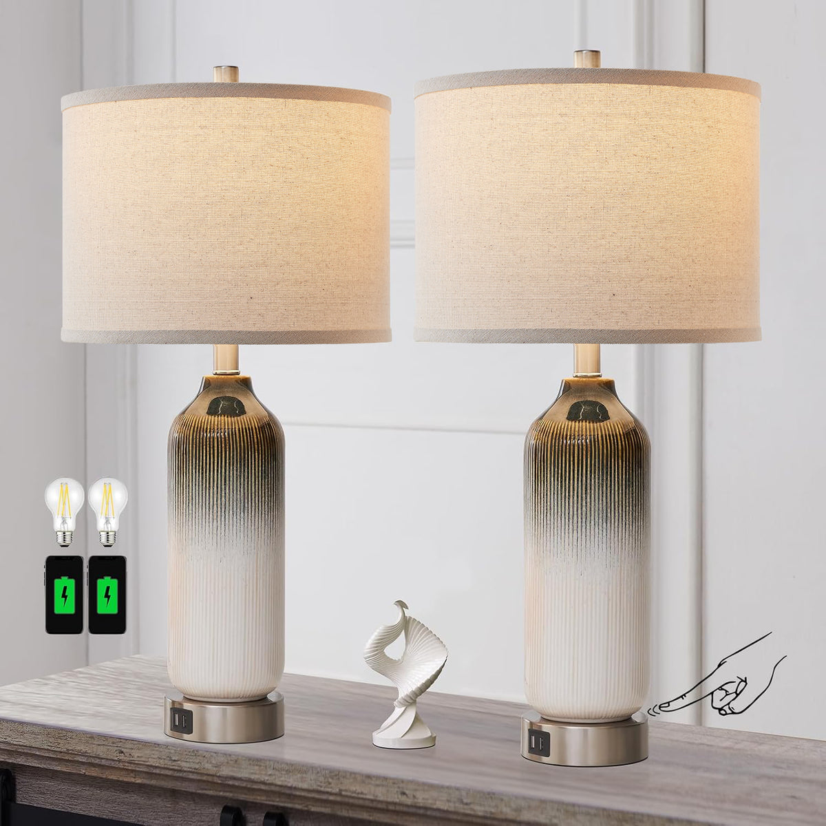 JUJUYUYOP 3 Way Dimmable Ceramic Table Lamps Set of 2 with Dual USB Ports, 25.5" Touch-Control Modern Bedside Lamp, for Bedrooms and Living Rooms (Bulb Included)