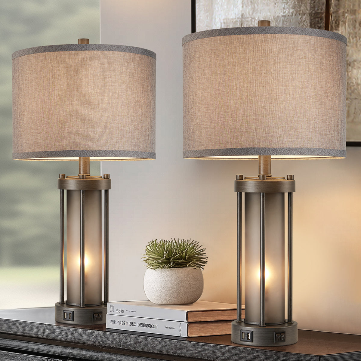 RORIA 25"Retro Table Lamps Set of 2, Farmhouse Style Bedside Lamps, Featuring USB-A&C Charging Ports and a Night Light Function, for Bedrooms, Living Room, and Offices (includes 2 bulbs).