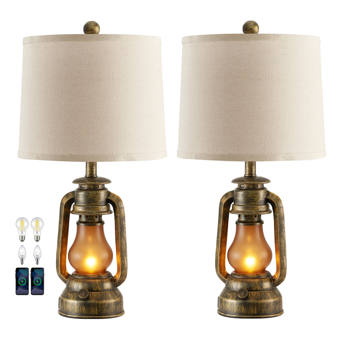 JUJUYUYOP 22" Farmhouse Rustic Lantern Table Lamps Set of 2, Featuring Dual USB Charging Ports, for Living Room, Bedrooms, and Study Areas, Includes 4 Bulbs