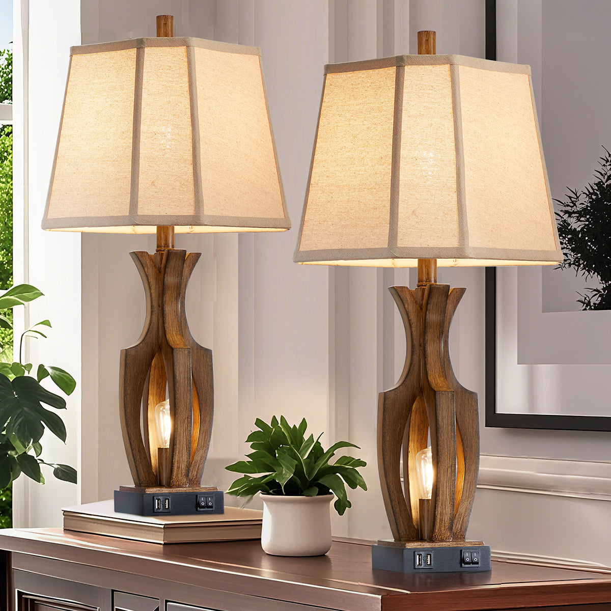 26 "wood grain table lamp with night light and dual USB ports (set of 2)