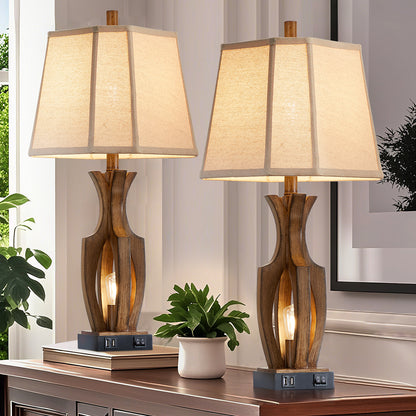 26 "wood grain table lamp with night light and dual USB ports (set of 2)