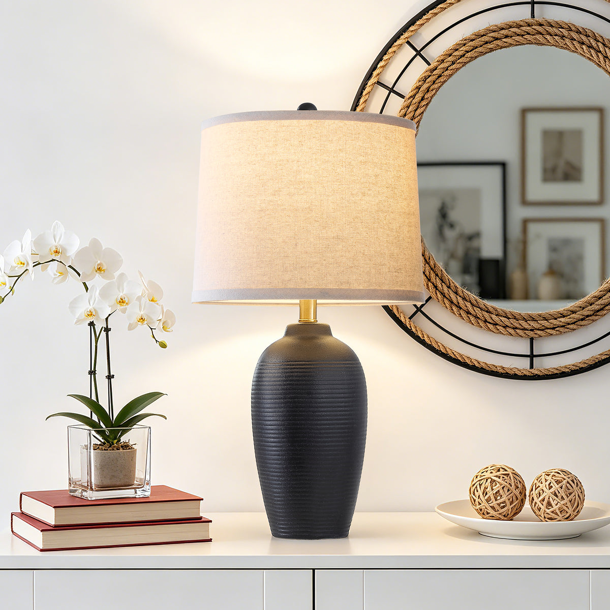 RORIA 25" Black Ceramic Table Lamps Set of 2, Modern-Style Bedside Lamps with Round Linen Shades, for Bedrooms and Living Room.