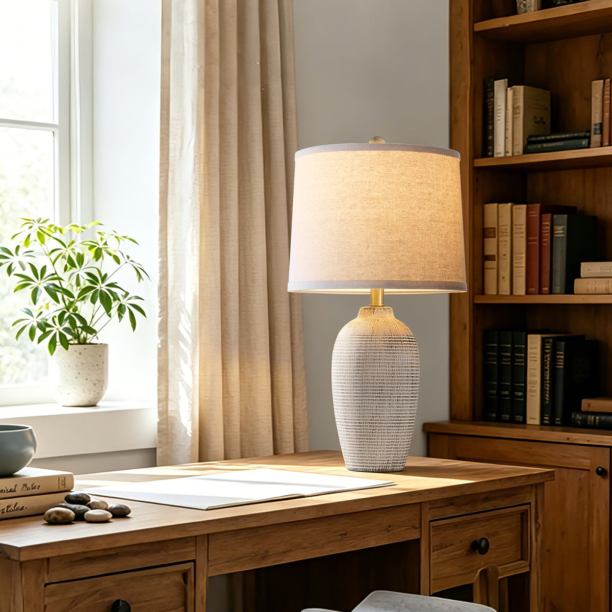 RORIA 25" White Ceramic Table Lamps Set of 2, Rustic-Style Bedside Lamps,With Round Linen Shades, for Bedrooms, Living Room, and Offices.