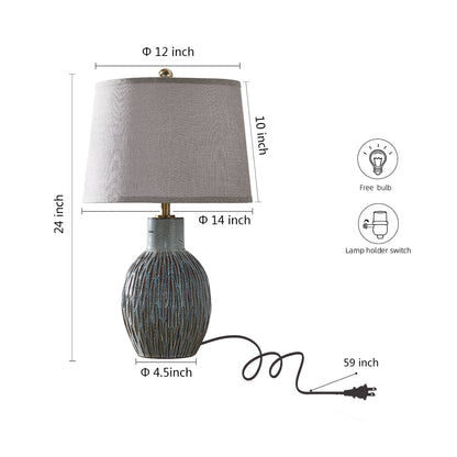 24" Rustic Ceramic Table Lamp With Textured Base , Vintage Farmhouse Accent Lighting With Free Bulb