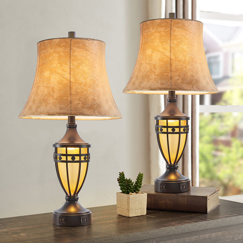 2Pc Crown Lantern Urn Table Lamps w. Night Light & USB, Bronze Metal+Glass,  Faux Sheepskin Lampshade