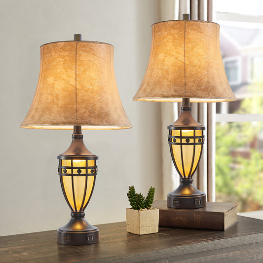 2Pc Crown Lantern Urn Table Lamps w. Night Light & USB, Bronze Metal+Glass, Faux Sheepskin Lampshade