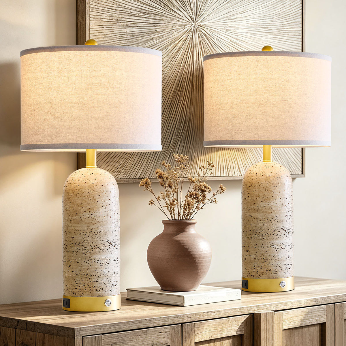 RORIA 25" Modern Resin Table Lamps Set of 2,for Bedrooms and Living Room, Featuring USB-A&C Charging Ports,Touch-Control 3-Level Dimming Bedside Lamp
