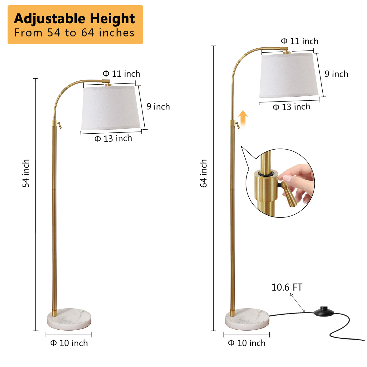 RORIA Modern Gold Floor Lamps,54-64” Height Adjustable Curved Standing Lamp,With a Linen Shade, for Bedrooms, Living Room, and Offices