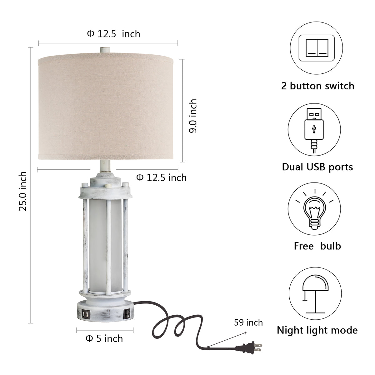 JUJUYUYOP 25"Modern Farmhouse-Style Living Room Table Lamps Set of 2, with Dual USB Charging Ports and Night Light, Ideal for Bedroom Nightstands and Entryways (Bulbs Included)