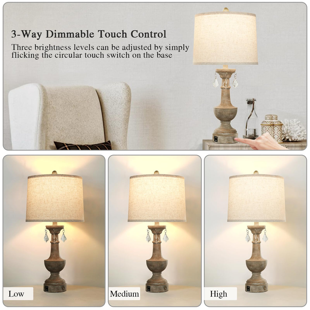 JUJUYUYOP Three-Level Dimmable Table Lamps Set of 2, with Usb Port, 25" Farmhouse-Style Touch Bedside Lamp, Suitable for Living Room, Bedroom, Nightstand(Bulb included)