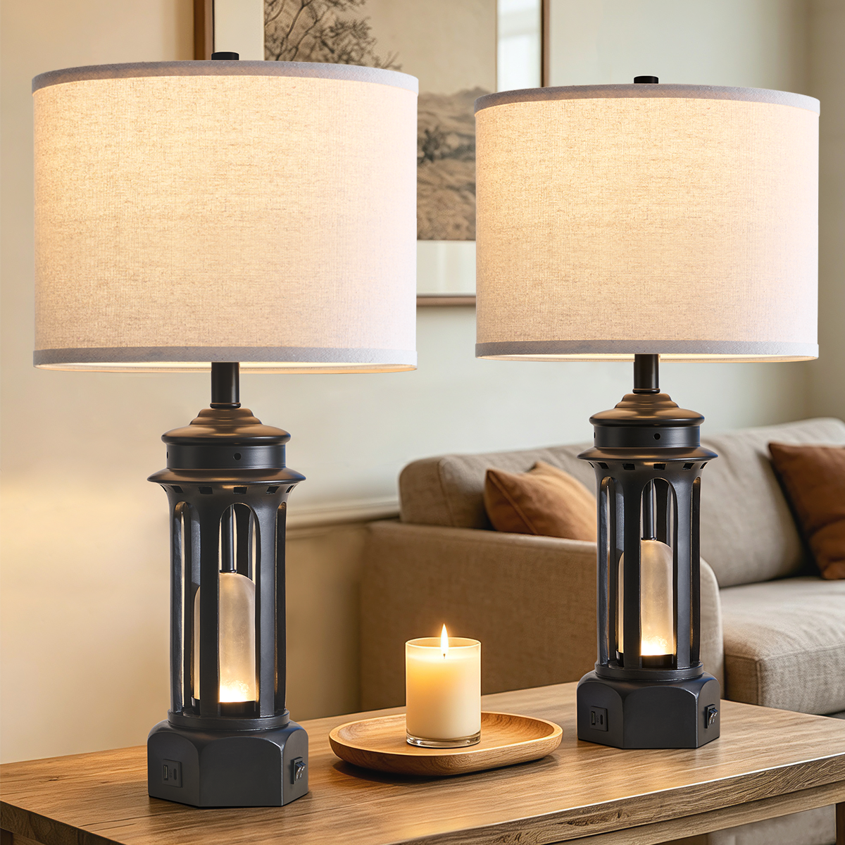 Rohopeto 27"Living room Table Lamps Set of 2,with USB A+C Ports,Dual-Switch Design,Built-in Smoked-Glass Nightlight,(Bulbs Included)Modern Bedroom Table Lamps
