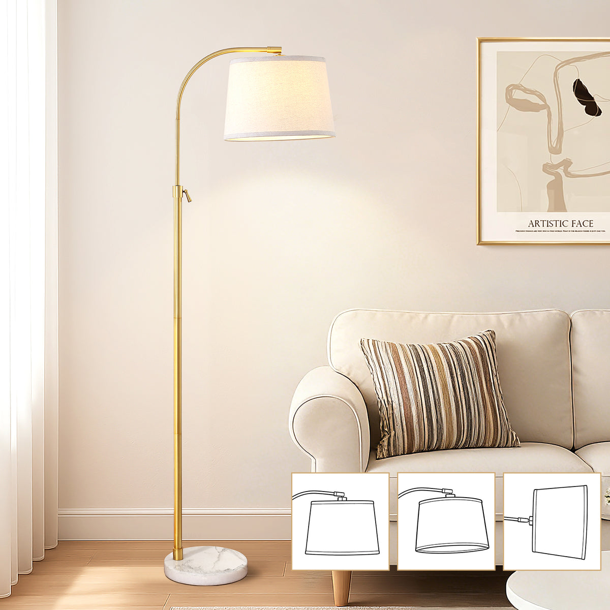 RORIA Modern Gold Floor Lamps,54-64” Height Adjustable Curved Standing Lamp,With a Linen Shade, for Bedrooms, Living Room, and Offices