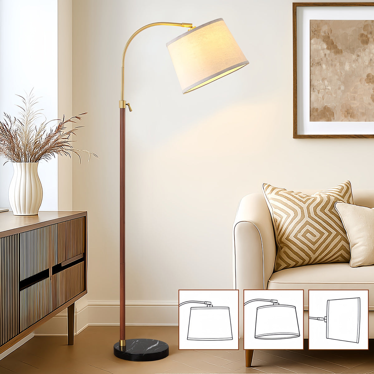 RORIA 64” Modern Floor Lamp, Height Adjustable Curved Standing Lamp,for Bedrooms, Living Room, and Offices (Bulb Included)