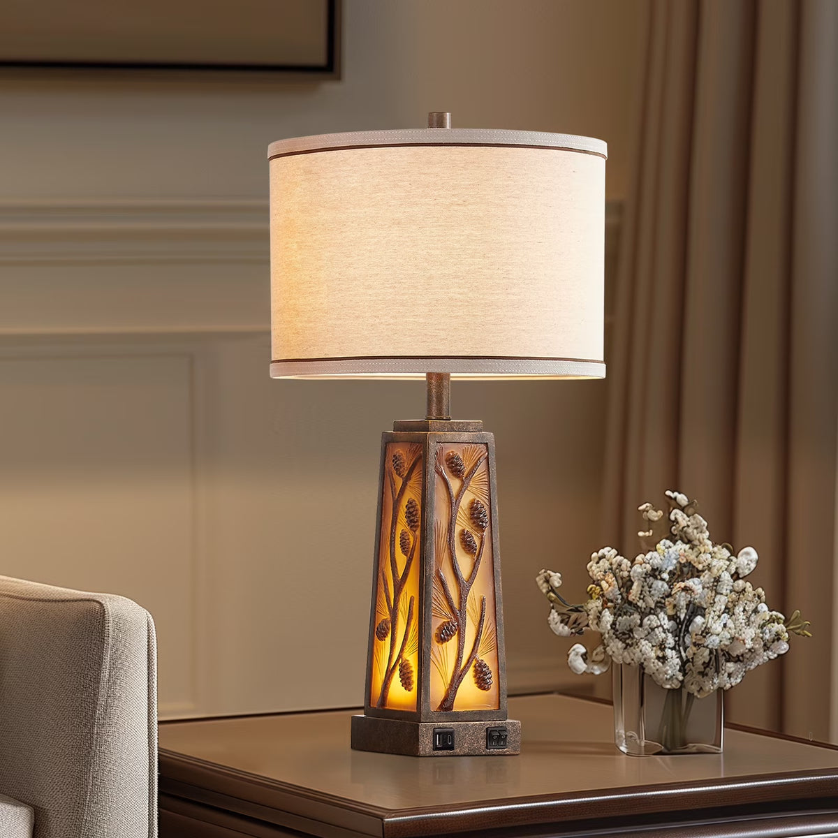 RORIA 25” Living Room Table Lamps Set of 2 With Dual USB Charging Ports and Night Light, Modern Farmhouse Style, Amber Resin Base, for Bedroom Bedside Lamps