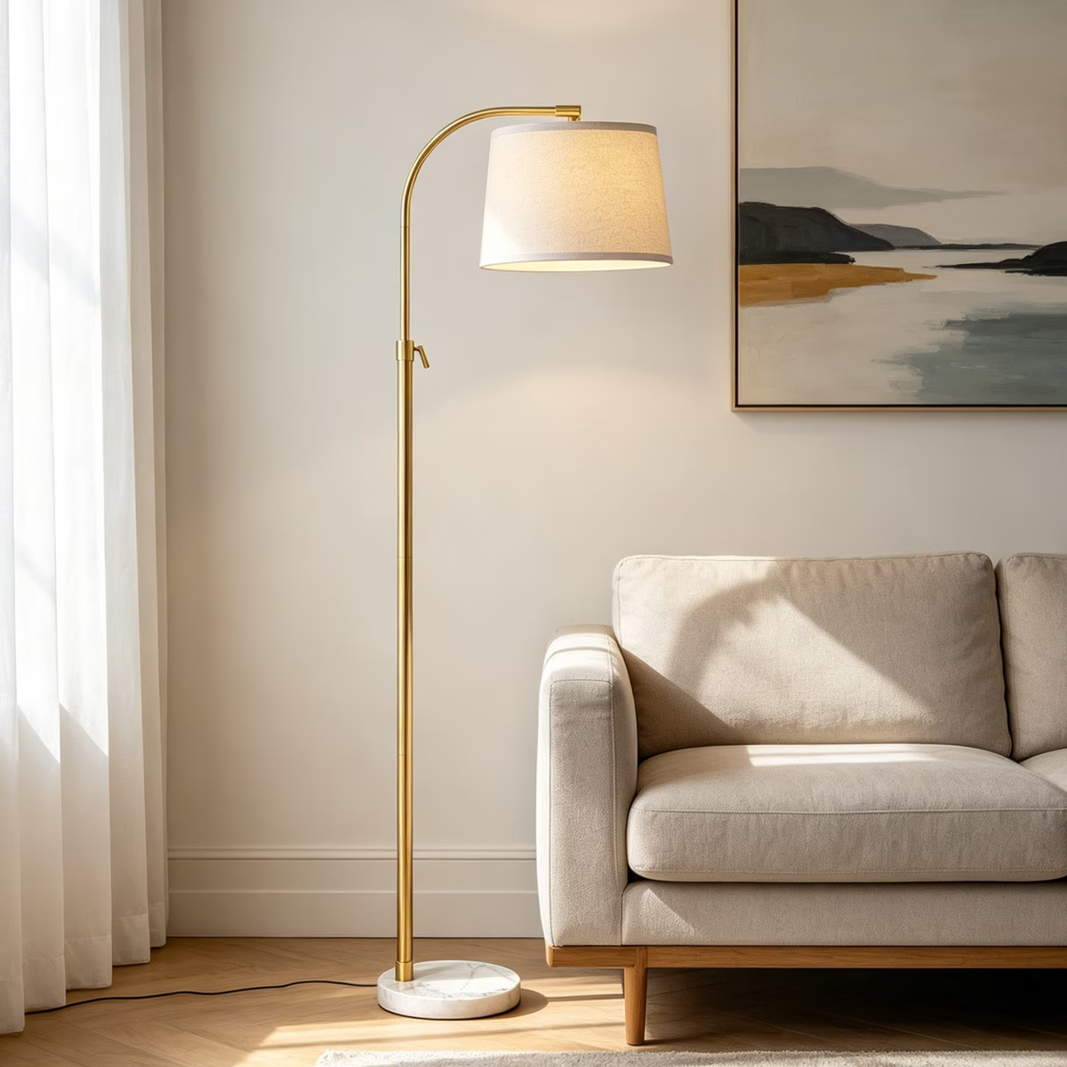 RORIA Modern Gold Floor Lamps,54-64” Height Adjustable Curved Standing Lamp,With a Linen Shade, for Bedrooms, Living Room, and Offices