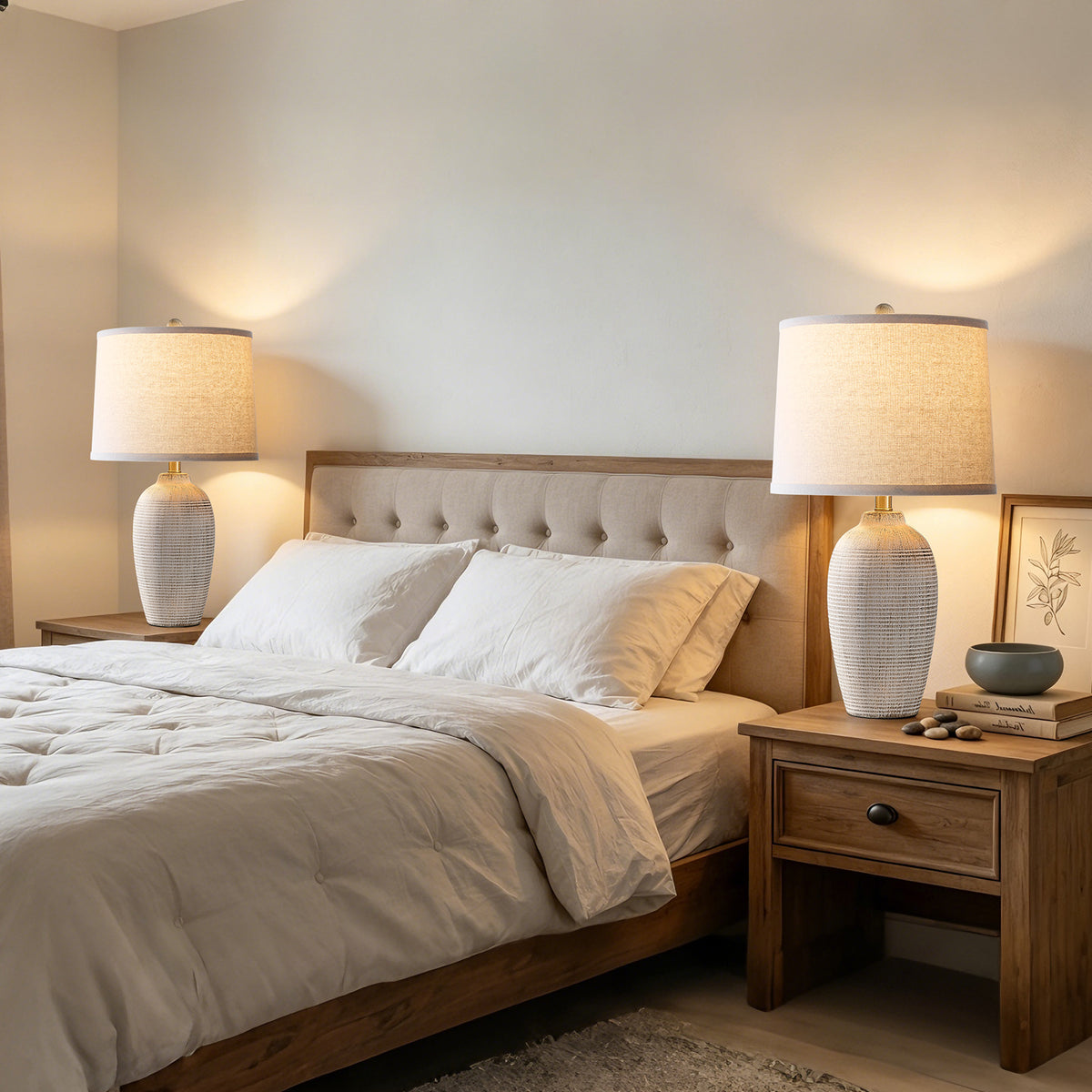RORIA 25" White Ceramic Table Lamps Set of 2, Rustic-Style Bedside Lamps,With Round Linen Shades, for Bedrooms, Living Room, and Offices.