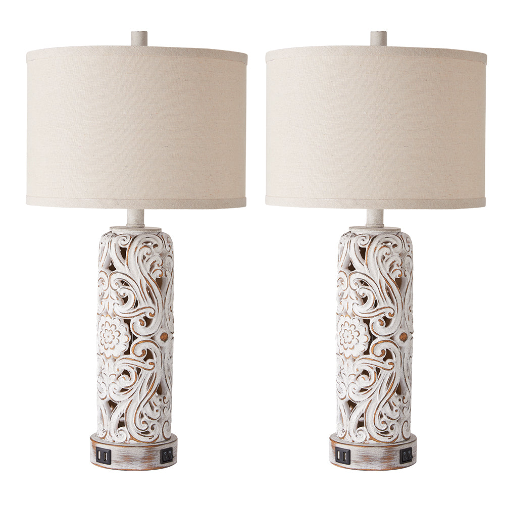 Carved Floral Pillar Table Lamps w. Night Light & USB, Wash White Resin, White Lampshade