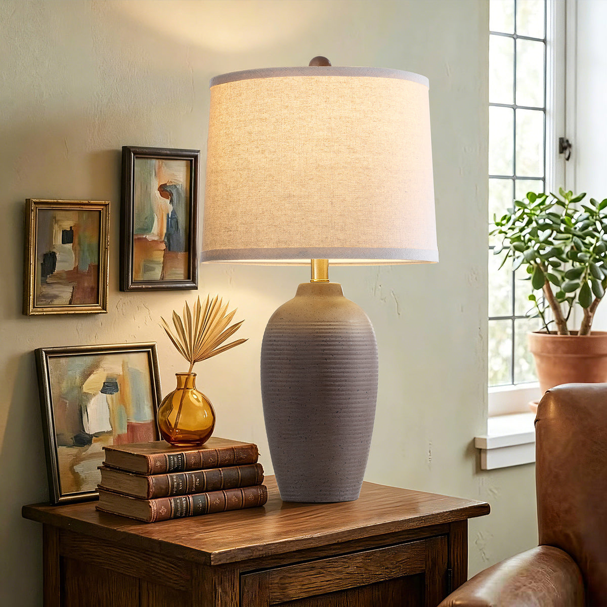 RORIA 25" Grey Textured Ceramic Table Lamps Set of 2,with Linen Drum Shade, Farmhouse Bedside Lamps for Living Room Bedroom, Bulbs Included