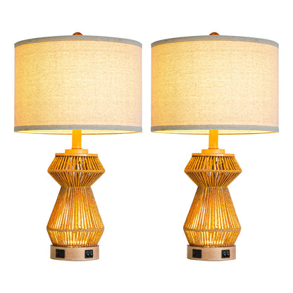24'' Handwoven Rope Table Lamp With Night Light And Dual USB A+C Charging Ports ，Bulbs (Set Of 2)
