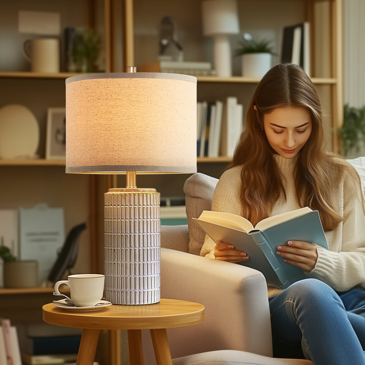 RORIA 23” White Ceramic Table Lamps Set of 2, Modern Style Bedside Lamps,for Bedrooms, Living Rooms, and Offices