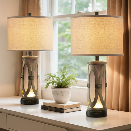 26" Farmhouse Table Lamp with USB Ports, Night Light (set of 2)