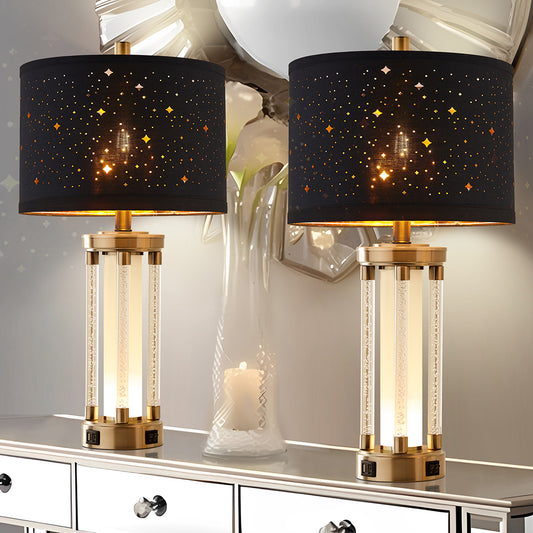 2Pc Fusion Crystal Table Lamps w. Night Light & USB, Nickel Metal+Acrylic, Black Starry Lampshade