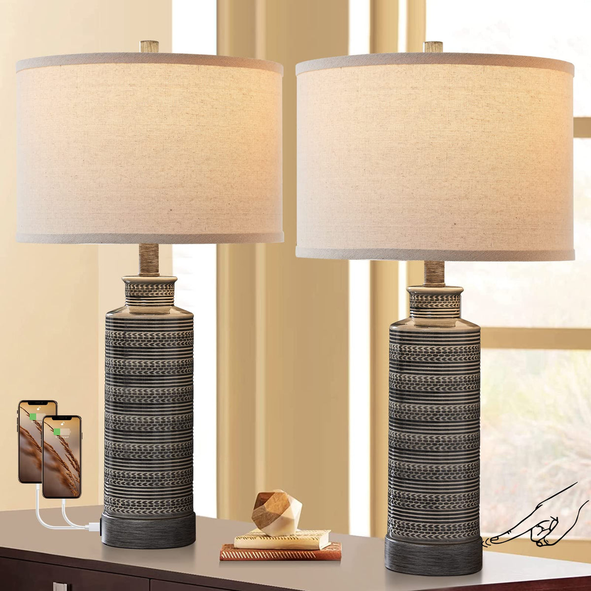 JUJUYUYOP 3 Way Dimmable Touch Ceramic Table Lamp Set of 2, with USB Port, 24"Farmhouse-Style Bedside Lamp, Suitable for Bedrooms and Living Rooms (Bulbs Included)