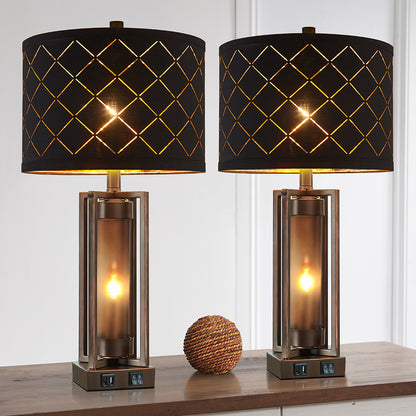 2Pc Dover Castle Table Lamps w. Night Light & USB, Bronze Metal+Glass, Black Grid Lampshade