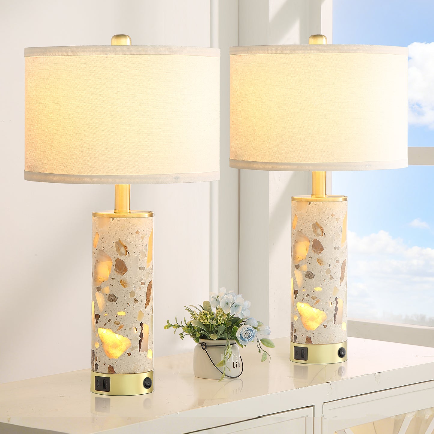 22.5″ Decorative Translucent Stone Table Lamps With Independent Night Light & Dual USB-A+C Charging Ports