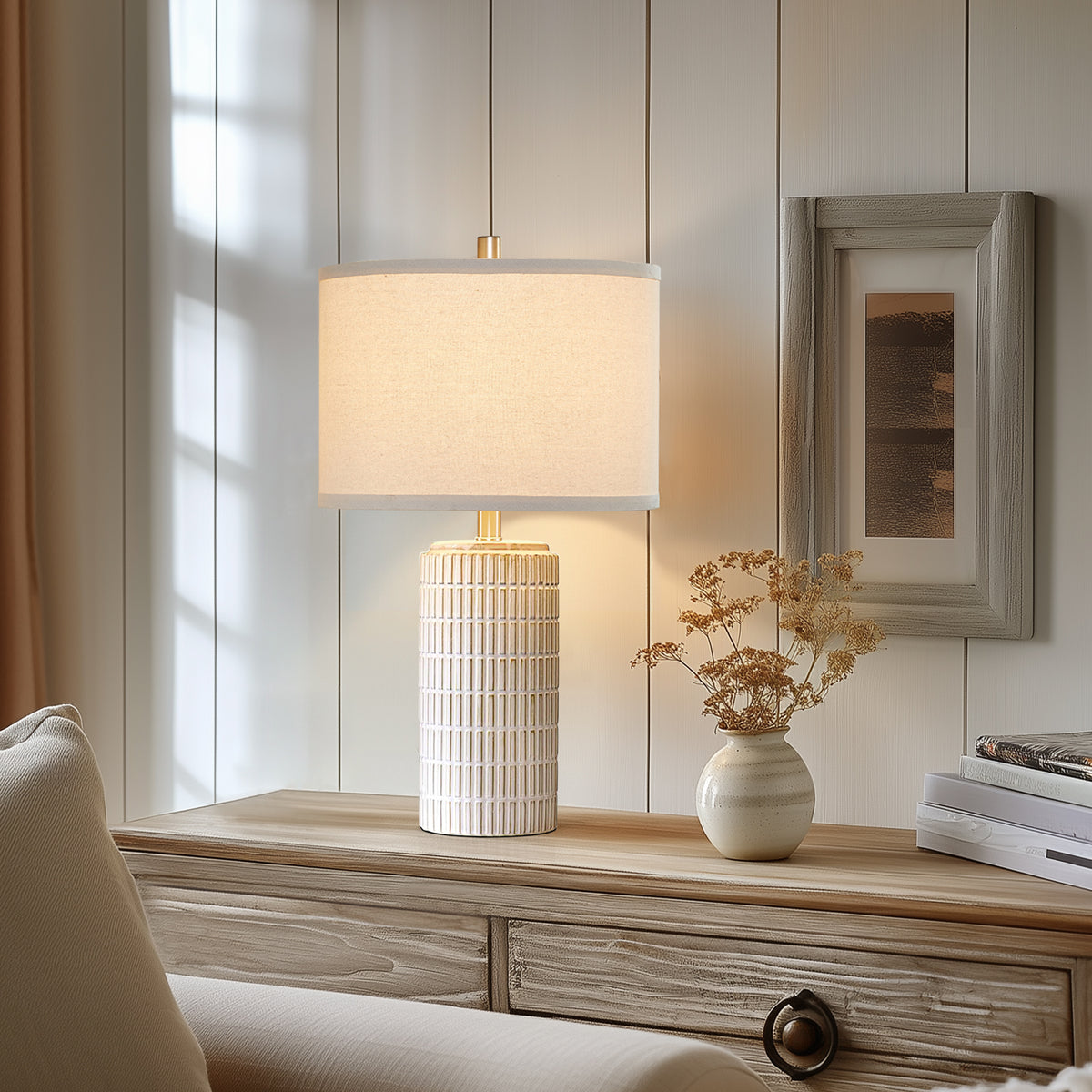 RORIA 23” White Ceramic Table Lamps Set of 2, Modern Style Bedside Lamps,for Bedrooms, Living Rooms, and Offices