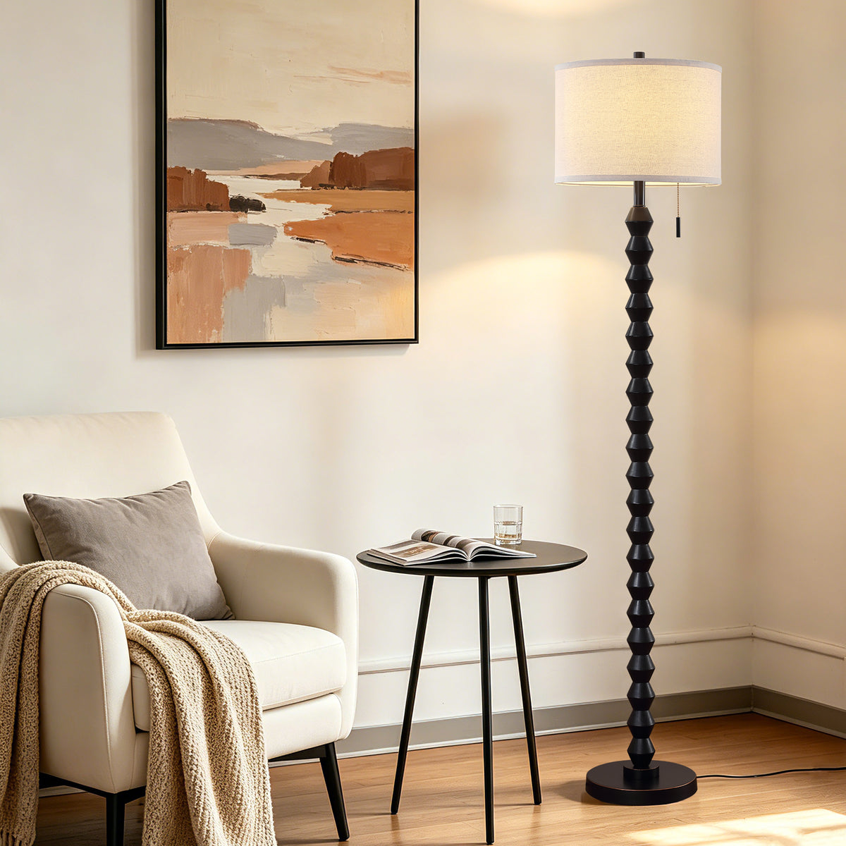 RORIA 65”Black Solid Wood Floor Lamp, with a Round Linen Shade and Pull Cord Switch,modern Standing Lamp,for Living Room, Bedrooms, and Offices（bulb included）
