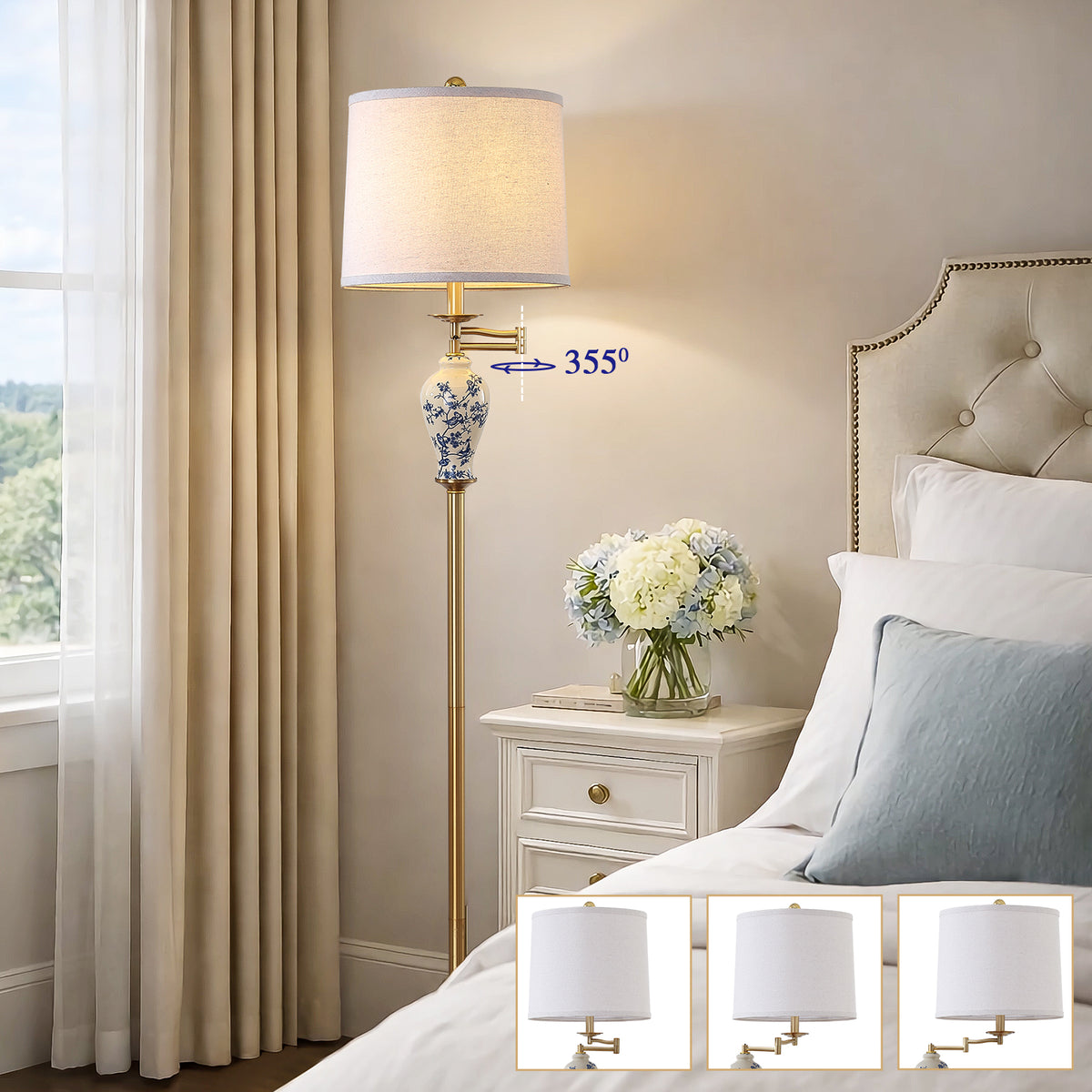 JUJUYUYOP 63" Floor lamp for the living room, with a 355° adjustable swivel arm and a linen shade; suitable for bedrooms, offices, and home offices (bulb included)