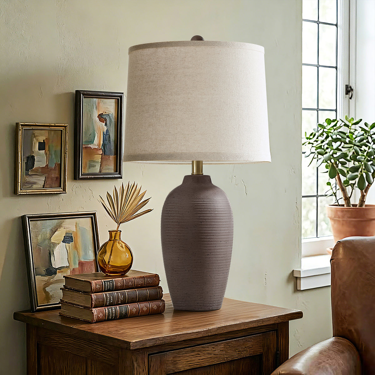 RORIA 25" Grey Textured Ceramic Table Lamps Set of 2,with Linen Drum Shade, Farmhouse Bedside Lamps for Living Room Bedroom, Bulbs Included