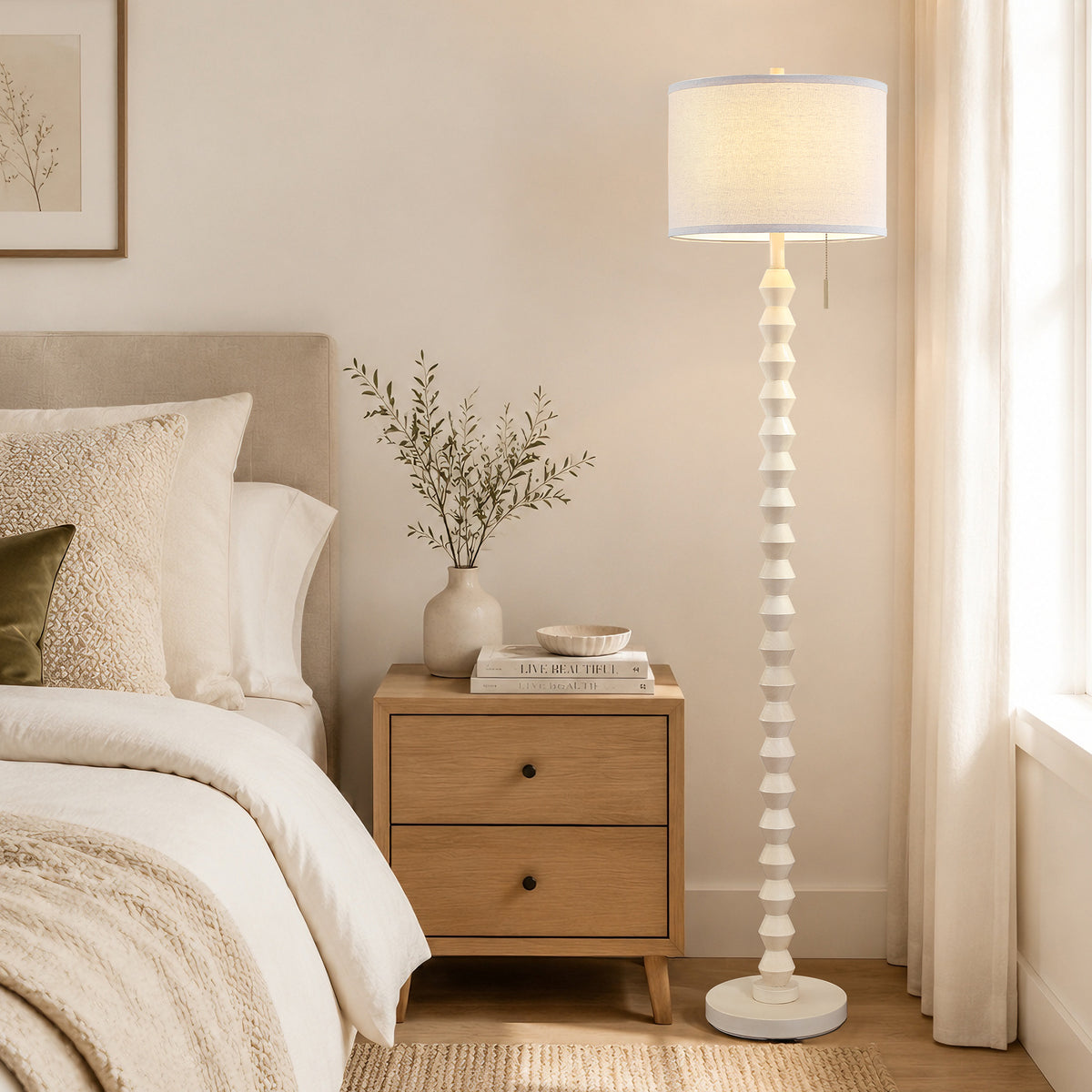RORIA White Solid Wood Floor Lamp, 65” Modern-Style Standing Lamp, Featuring a Round Linen Shade and a Zip-Pull Switch, for Living Room, Bedrooms, and Offices.