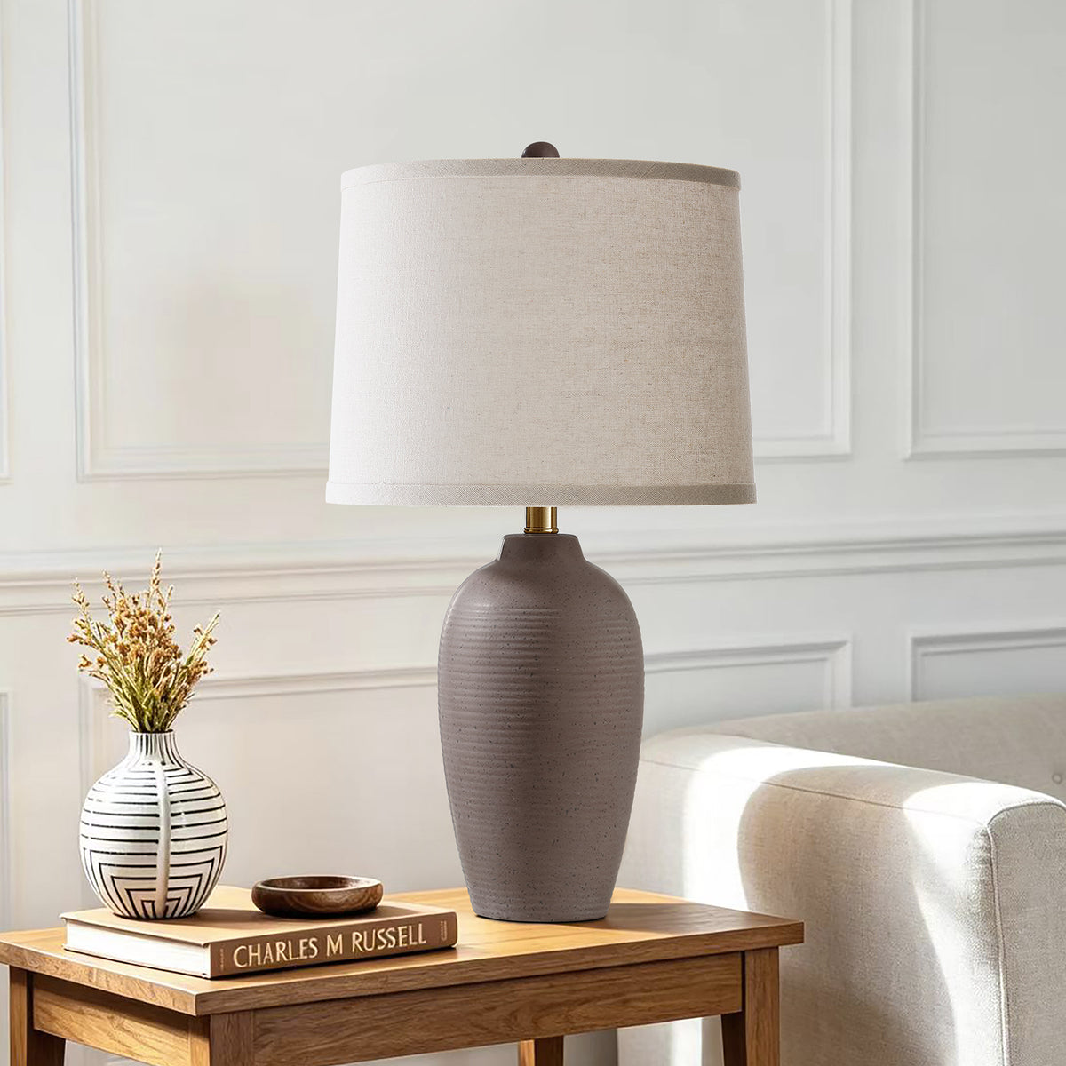 RORIA 25" Grey Textured Ceramic Table Lamps Set of 2,with Linen Drum Shade, Farmhouse Bedside Lamps for Living Room Bedroom, Bulbs Included