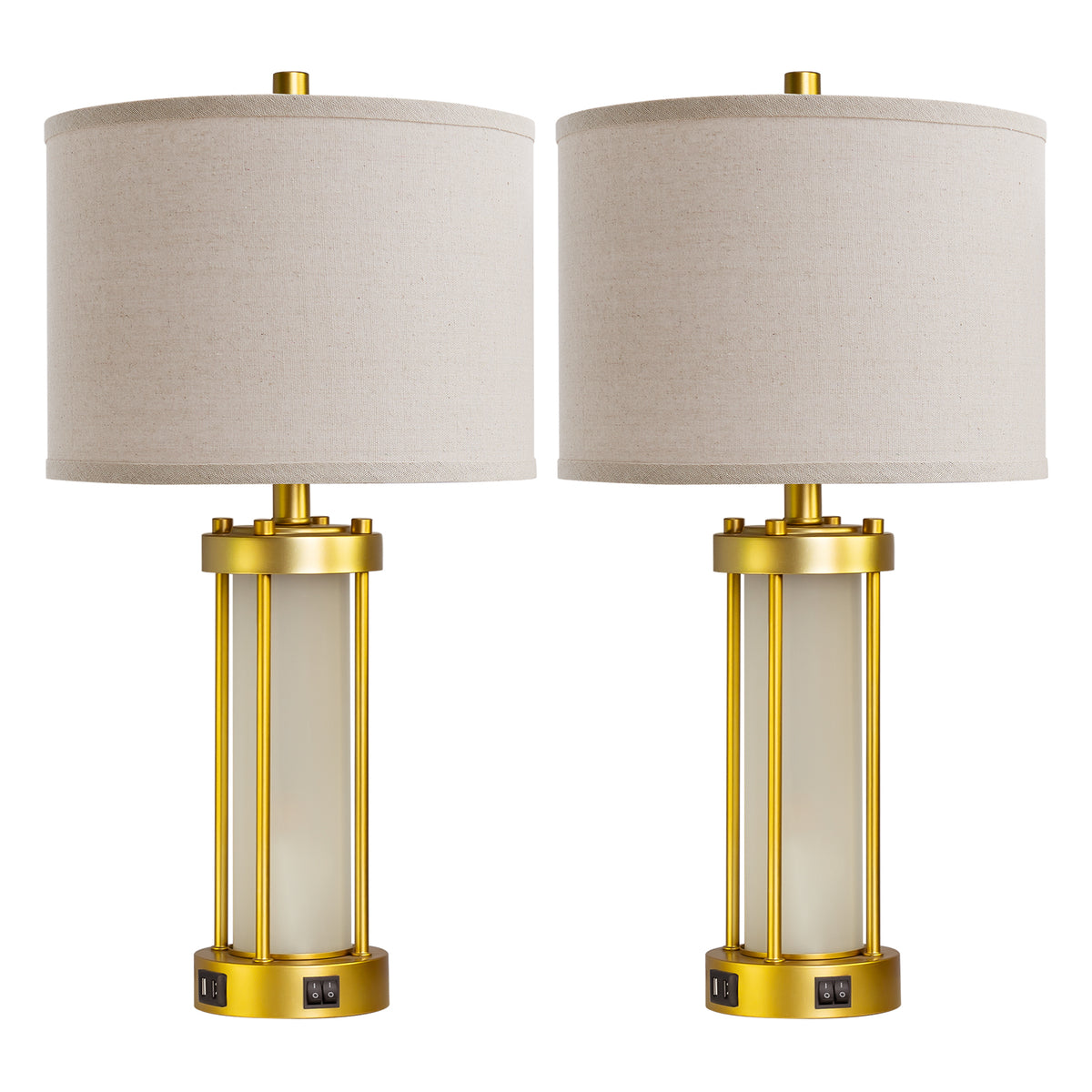 RORIA Set of 2 24" Gold Table Lamps with USB-C+A Ports, Metal & Glass Base with lndependent Night Light, for Bedroom Living Room