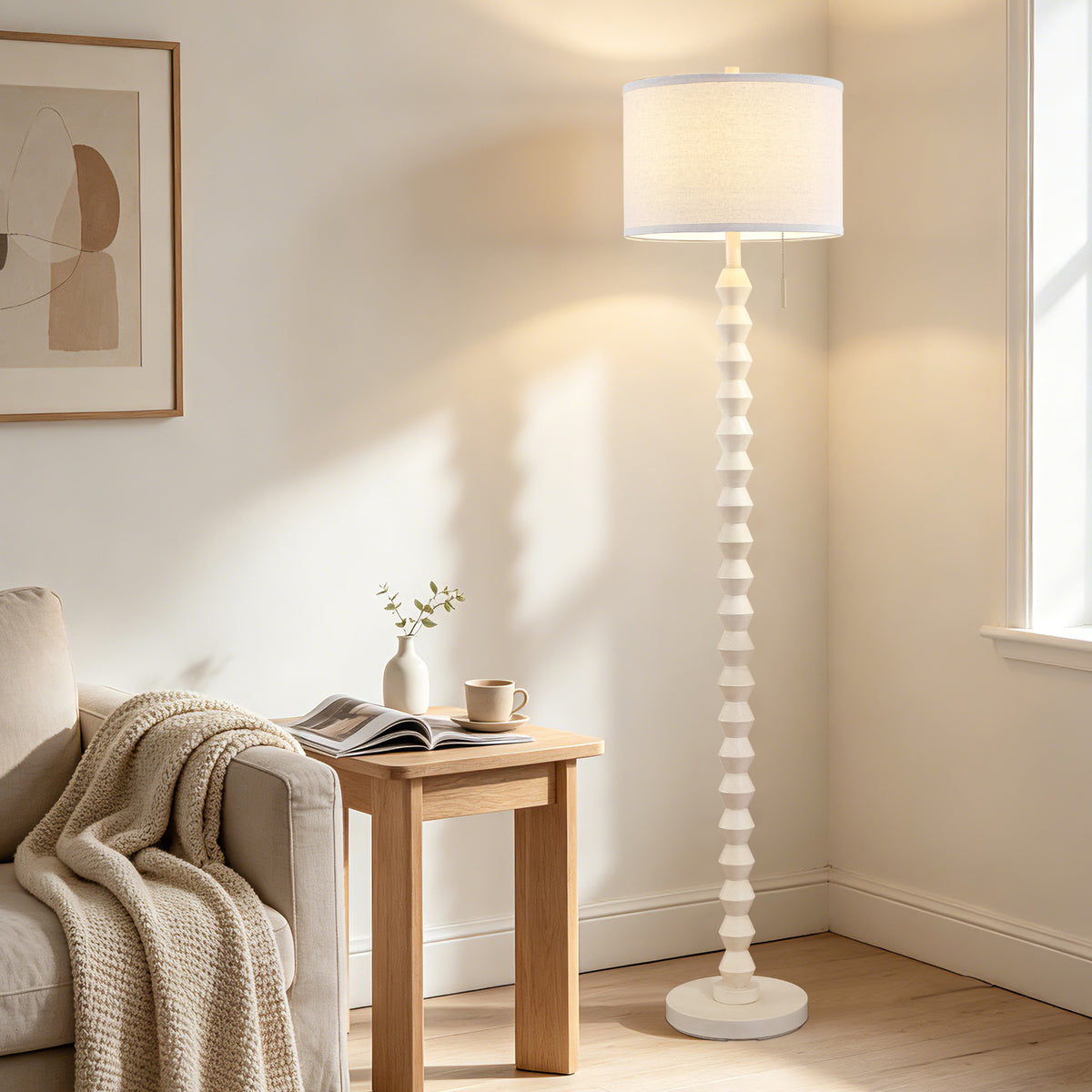 RORIA White Solid Wood Floor Lamp, 65” Modern-Style Standing Lamp, Featuring a Round Linen Shade and a Zip-Pull Switch, for Living Room, Bedrooms, and Offices.