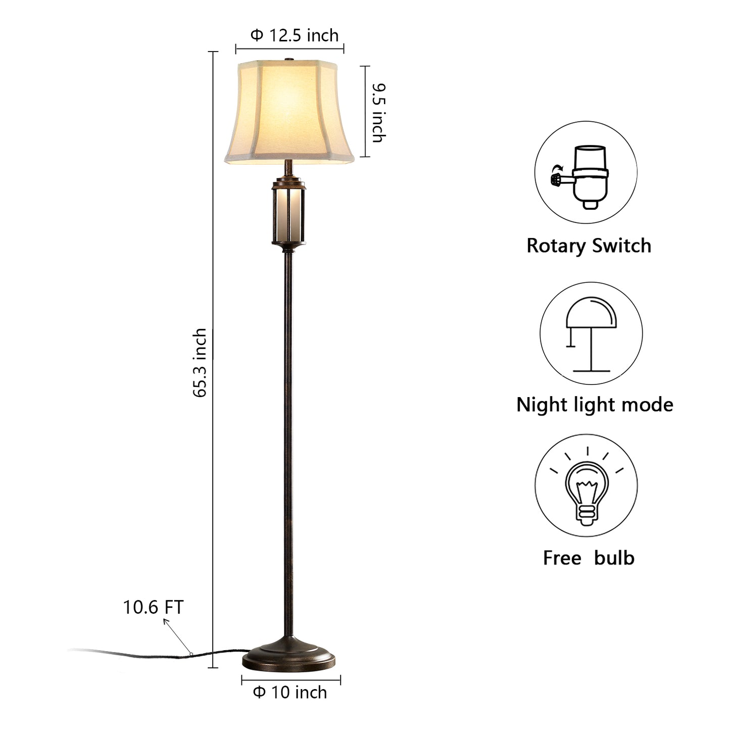 65.8' Antique Brass Finish Floor Lamp With Night Light