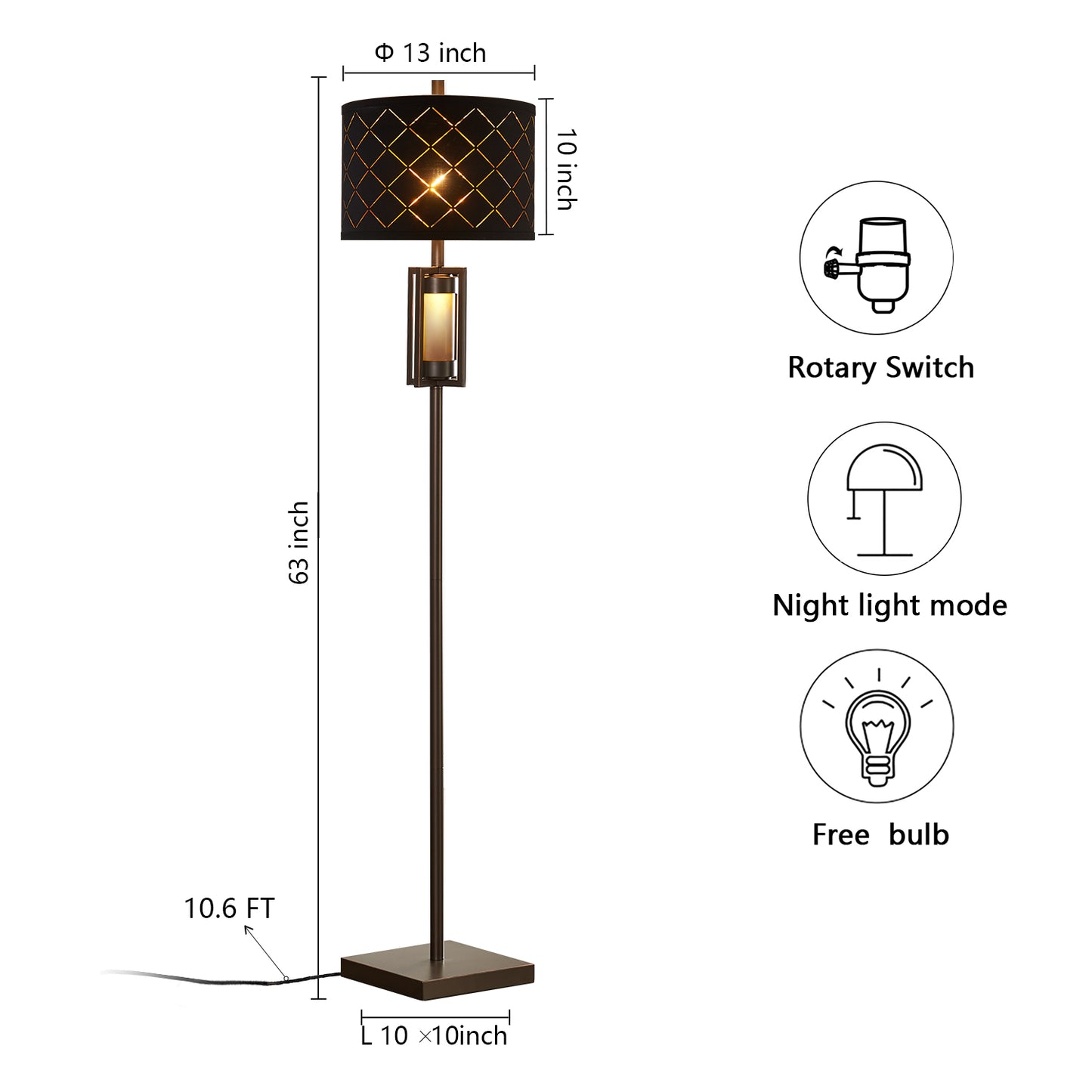63'' Traditional Floor Lamp With Black Mesh Shade And Smoked Glass Night Light