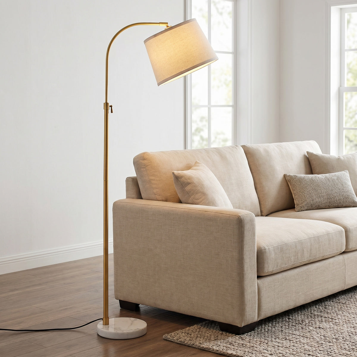 RORIA Modern Gold Floor Lamps,54-64” Height Adjustable Curved Standing Lamp,With a Linen Shade, for Bedrooms, Living Room, and Offices