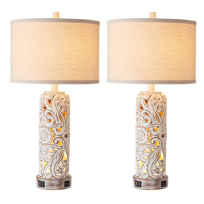 Carved Floral Pillar Table Lamps w. Night Light & USB, Wash White Resin, White Lampshade