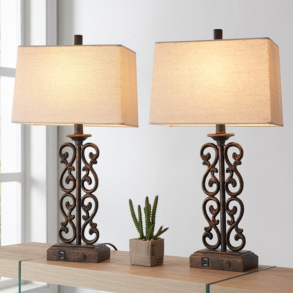 Vinea Table Lamps w. USB, Bronze, White Lampshade