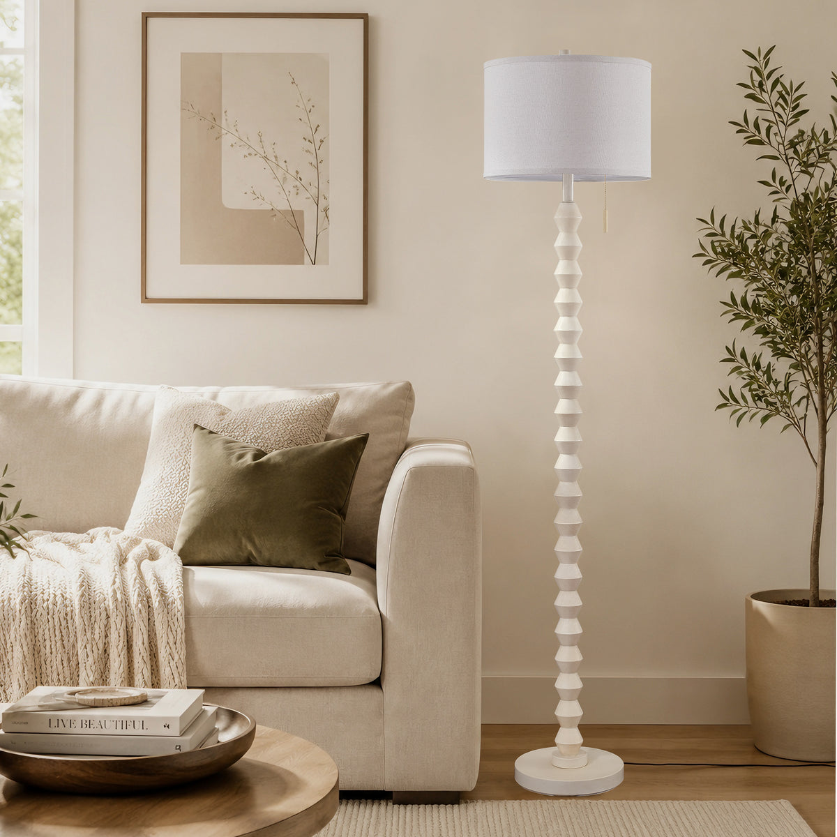 RORIA White Solid Wood Floor Lamp, 65” Modern-Style Standing Lamp, Featuring a Round Linen Shade and a Zip-Pull Switch, for Living Room, Bedrooms, and Offices.