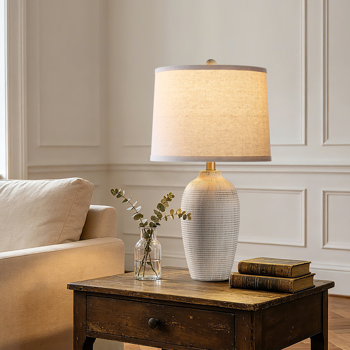 RORIA 25" White Ceramic Table Lamps Set of 2, Rustic-Style Bedside Lamps,With Round Linen Shades, for Bedrooms, Living Room, and Offices.